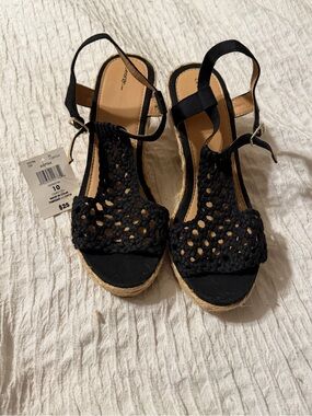 Black Woven Espadrille Wedge Sandals by George - Size 10